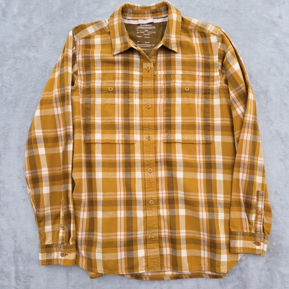REI Coop Wallace Lake Flannel Shirt Women L Yellow Brown Plaid Cotton Workshirt